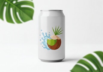 Refreshing Coconut Water Splash on a Can - Tropical Beverage Illustration