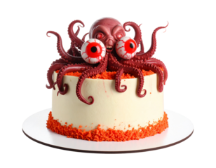 A terrifying, grotesque cake with a detailed red monster face and sharp teeth, perfect for a horror-themed party.