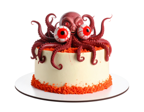 A terrifying, grotesque cake with a detailed red monster face and sharp teeth, perfect for a horror-themed party.