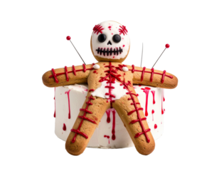 A whimsical gingerbread man cake with a skull face and stitches, a unique and spooky twist on a classic treat.