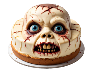 A spooky zombie head cake with a grotesque, rotting face and exposed brain, a perfect horror dessert for Halloween.