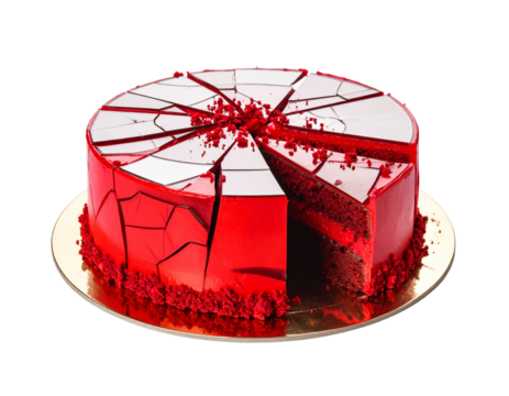 A vibrant red and black cake with a splash of color and a modern, artistic design, perfect for a striking dessert.