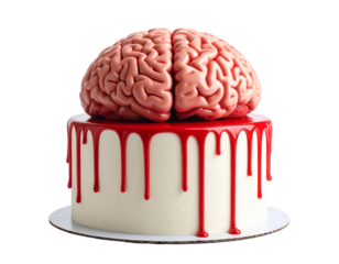 A detailed brain cake with blood-like drips, a gruesome and realistic medical horror-themed dessert.