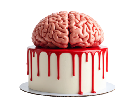 A detailed brain cake with blood-like drips, a gruesome and realistic medical horror-themed dessert.