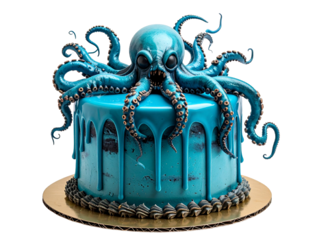 A monster cake shaped like a blue octopus or kraken with detailed tentacles, a unique aquatic fantasy dessert.