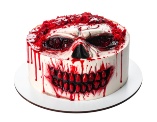 A spooky red cake with a skull face and dripping glaze, a perfect horror dessert for Halloween.