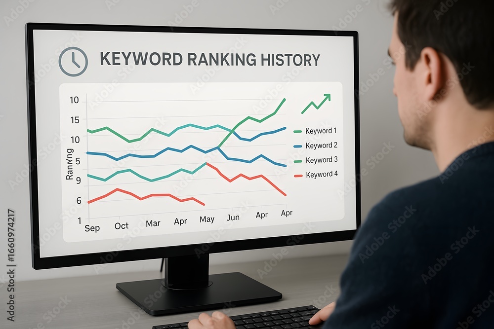 Poster analyzing keyword ranking history on a computer monitor, tracking seo performance for digital market