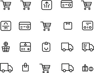 Ecommerce icon set, online shopping line icons, delivery symbols, payment methods, shipping, cart, credit card, checkout, digital store