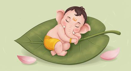 Cute Ganesha Sleeping on Giant Leaf &ndash; Watercolor Illustration