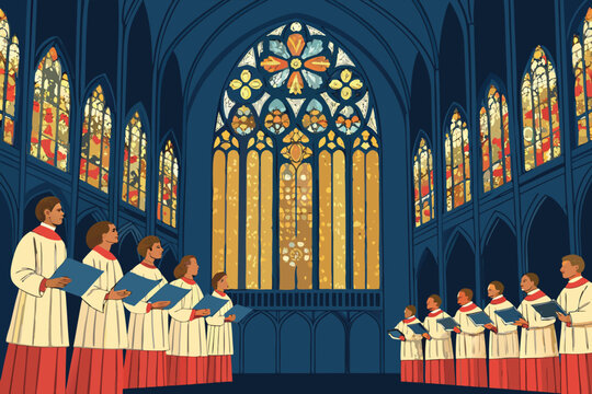 Choir singing in a grand hall with stained glass windows.