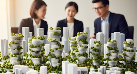 Businesspeople review an eco-friendly city architectural model, showcasing sustainable urban design.