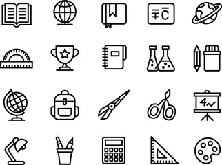 Education and school line icons, black outline vector illustration, back to school supplies, study tools, science, learning elements pack