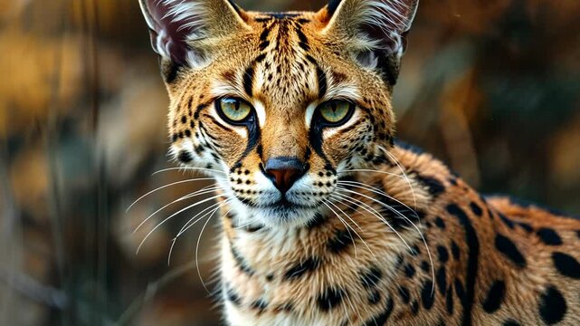 selective focus serval cat fur pattern with golden background and large black spots