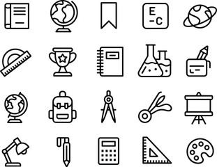 Education icons set, school supplies, science tools, learning equipment, academic illustration, outline symbols for students, teachers, classroom, study