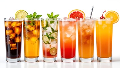 Vibrant assortment of refreshing beverages showcasing colorful fruits and ice in tall glasses.