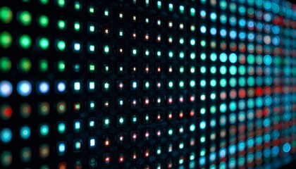 Naklejka premium Abstract array of bright, glowing, multicolored light points create an engaging, modern tech feel.