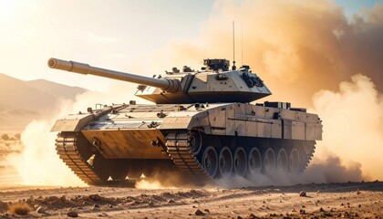 Tank on desert road with war vehicle, military, conflict, and outdoors.