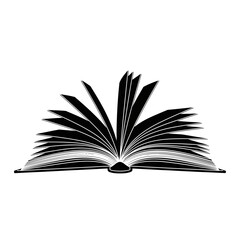 Black and white open book illustration for education, literature, and creative storytelling designs