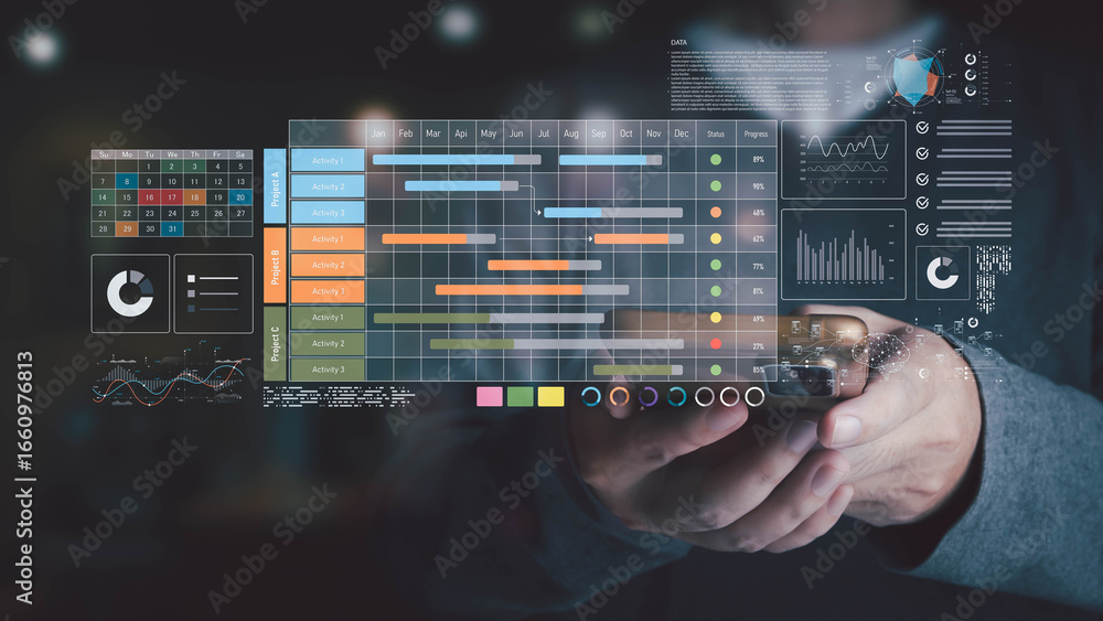 Poster businessman using a smartphone to analyze a project management dashboard. the holographic interface 