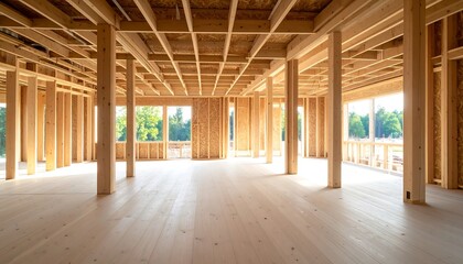 Interior view of a home construction showcasing a wooden frame structure and sunlight