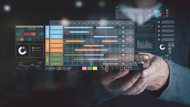 Businessman using a smartphone to analyze a project management dashboard. The holographic interface shows a Gantt chart, calendar, and data analytics for strategic planning and monitoring progress.