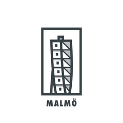 Malmo, Sweden skyscraper building, tower, city landmark clip art. Thin line vector pictogram, emblem, logo, icon, badge graphic. Flat, black monument image