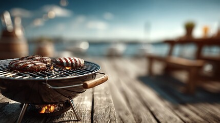 Title (英文)：
Summer backyard barbecue grill decorated with US flag under wide sky, perfect setup for Independence Day outdoor party, family gathering, festive holiday, and patriotic celebration