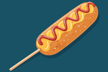 A close-up of a corn dog on a stick with a swirl of mustard.