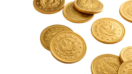 A gleaming pile of gold coins, representing wealth and business, sits against a clean white background