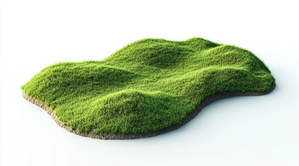 Fototapeta premium A 3D render shows a piece of land covered in lush green grass and small bushes, with visible soil layers on its irregular edges, all against a white background.
