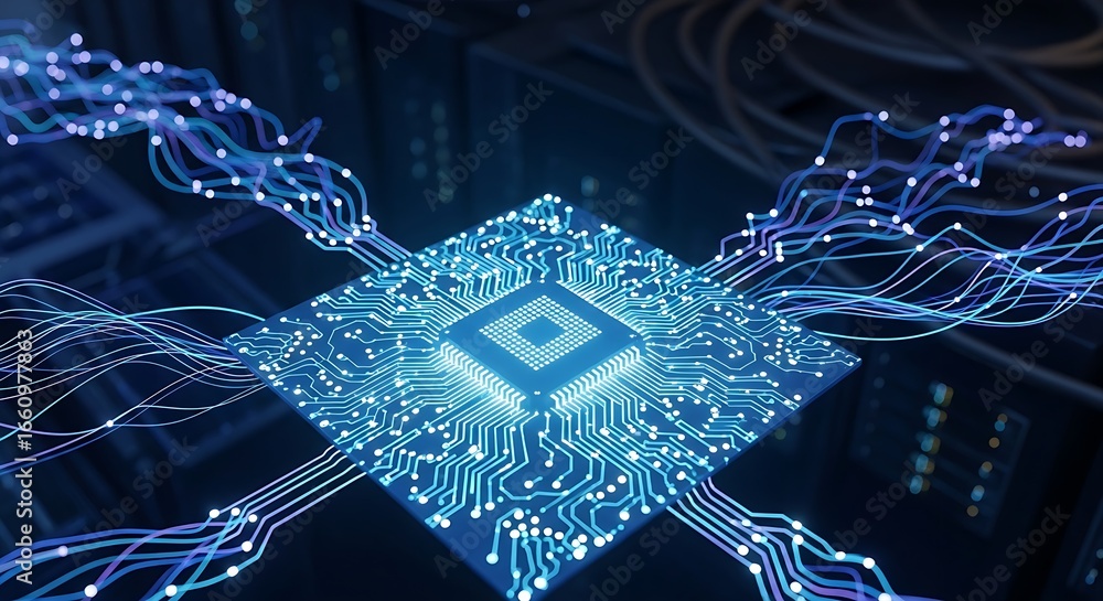 Poster glowing blue circuit board with radiating lines representing data flow and connectivity in technolog