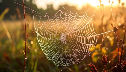 Dew-kissed spiderweb at sunrise