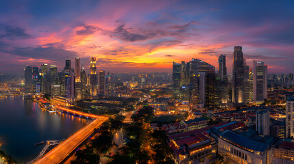 Obraz premium Singapore Skyline: Dramatic Sunset Panorama, Vibrant Cityscape at Dusk, Illuminated Streets and Modern Architecture.