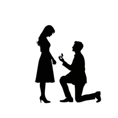 Romantic proposal silhouette with man offering engagement ring to woman - perfect for wedding designs