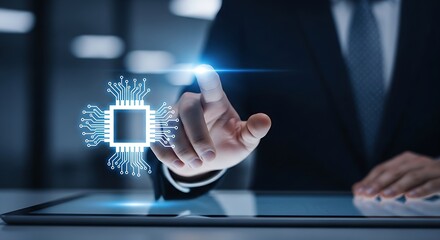 A man in a suit touching a digital chip interface above a tablet with a blue light effect