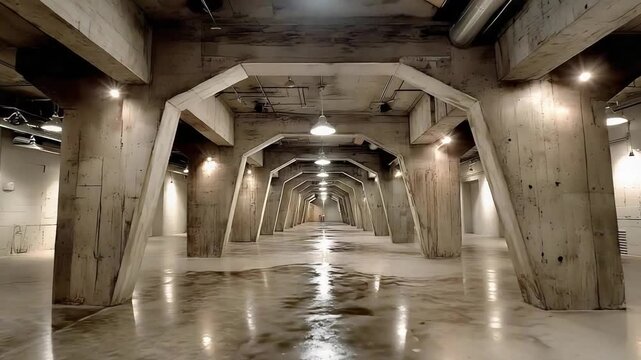 Vast industrial space with concrete pillars and polished floor, illuminated by overhead lights