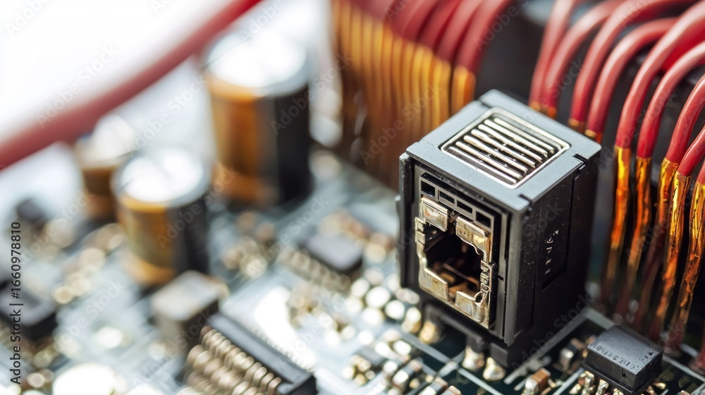 Poster a close-up shot of a motherboard component featuring a rj45 ethernet port. the port is black with a 