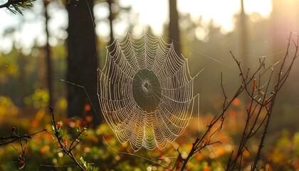 Dew-kissed spiderweb in a forest