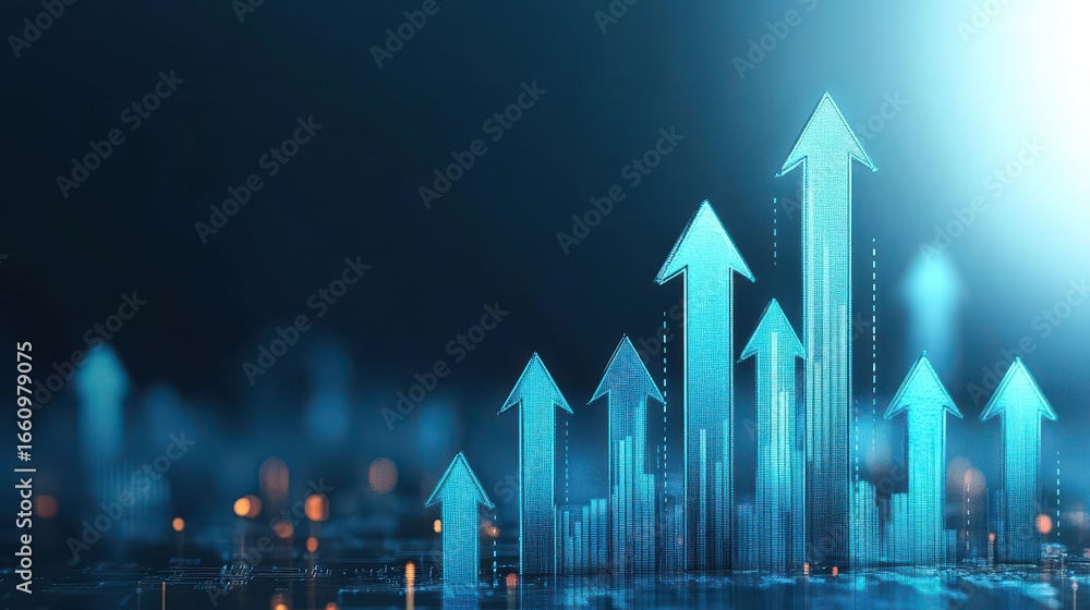 Aufkleber digital growth and upward trend with illuminated arrows and data points representing business succes