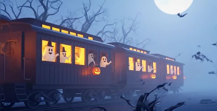 4K Animated Haunted Train with Glowing Pumpkins, Ghosts, and Fog Loopable Halloween Cartoon Stock Footage