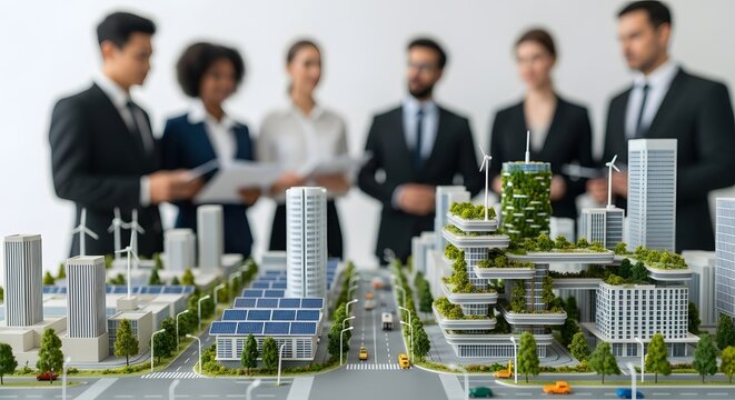 A diverse group of professionals examines a scale model of a sustainable urban development project.
