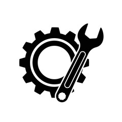 Modern black and white cogwheel with wrench symbolizes repair, engineering, or industrial solutions