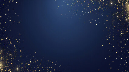 Gold glitter sparkle confetti dust particles on dark blue background abstract luxury and elegant backdrop design