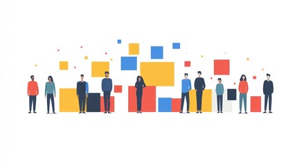 Obraz premium Diverse people standing beside colorful blocks. Stock photo of social inclusion