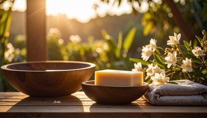 Serene Spa Scene: Wooden Bowls, Soap, and Floral Elements, Bathed in Sunlight
