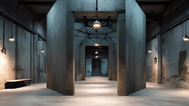 Industrial interior featuring concrete partitions and ambient lighting in an empty space