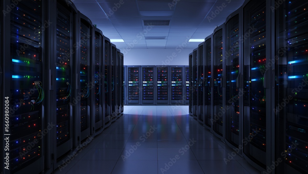 Poster hallway view of server racks showing data center infrastructure and technology with cold lighting.