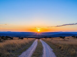 Tranquil sunset over open countryside with dirt road stretching into the distance beneath vibrant orange and blue sky du evening hours