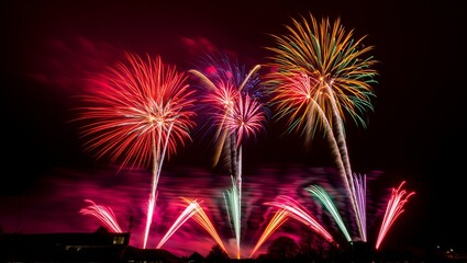 Vibrant fireworks light up the night sky with colorful bursts and trails of smoke.