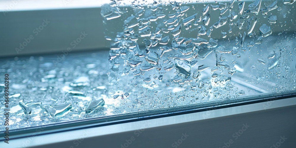 Aufkleber a shattered glass pane floats in a shallow, reflective container. the glass fragments are suspended 